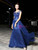 Navy Blue Tulle Mermaid Cap Sleeve With Beading Prom Dress