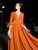 A-line Orange Satin 3/4 Sleeve Deep V-neck With Beading Prom Dress