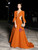 A-line Orange Satin 3/4 Sleeve Deep V-neck With Beading Prom Dress