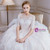 Champagne Ball Gown Tulle Appliques Short Sleeve Wedding Dress