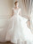 Champagne tulle ball gown wedding dress with lace appliques and a backless corset bodice