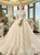 Champagne Tulle Appliques Off The Shoulder With Long Train Wedding Dress