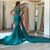 Mermaid V-Neck Sweep Train Green Stretch Satin Prom Dress With Lace Sequins
