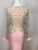 Sexy pink long sleeve beaded chiffon long prom dress