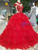 Red Ball Gown Tulle High Neck Backless Cap Sleeve Wedding Dress