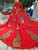 Red Tulle And Gold Sequins Appliques V-neck Long Sleeve Wedding Dress