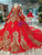 Red Tulle And Gold Sequins Appliques V-neck Long Sleeve Wedding Dress