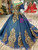 Royal Blue Ball Gown Sequins Gold Sequins Appliques Short Sleeve Wedding Dress