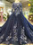 Navy Blue Tulle Embroidery Long Sleeve Wedding Dress With Train