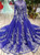 Royal Blue High Neck Long Sleeve Tulle Embroidery Wedding Dress