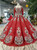 Red Sequins Square Long Sleeve Appliques Floor Length Wedding Dress