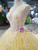 Yellow Tulle High Neck Corset Backless Appliqeus Wedding Dress With Long Train