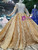 Champgne High Neck Gold Sequins Appliques Long Sleeve Wedding Dress With Crystal