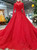 Red Ball Gown Lace High Neck Backless Long Sleeve Wedding Dress With Beading