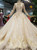 Champagne Tulle Sequins Long Sleeve Backless Appliques Wedding Dress With DetachableLong Train