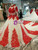 Champagne Bal Gown Tulle Red Lace Appliques High Neck Long Sleeve Wedding Dress