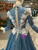 Blue Sequins Bling Bling White Appliques High Neck Long Sleeve Wedding Dress