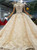 Champagne Ball Gown Lace Cap Sleeve Wedding Dress With Crystal