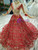 Red Ball Gown Tulle Sequins High Neck Backless Long Sleeve Appliques Wedding Dress