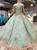 Green Ball Gown Tulle Appliques Bateau Cap Sleeve Wedding Dress