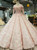 Pink Ball Gown Lace High Neck Long Sleeve Bakcless Appliques Wedding Dress