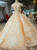 Champagne Ball Gown High Neck Backless Cap Sleeve Appliques Wedding Dress