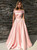 A-Line Off-the-Shoulder Pink Satin Long Prom Dress With Pockets