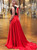 Two Piece Round Neck Red Satin Long Prom Dress With Lace Appliques