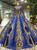 Blue Ball Gown Gold Sequins Appliques High Neck Long SLeeve Wedding Dress