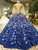 Blue Ball Gown Appliques High Neck Cap Sleeve Wedding Dress With Beading
