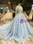 Blue Ball Gown Tulle Sequins Bling Bling Lace Appliques Long Sleeve Wedding Dress