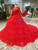 Red Ball Gown Tulle Long Sleeve Appliques Wedding Dress With Beading