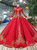 Red Ball Gown High Neck Backless Long Sleeve Sequins Appliques Wedding Dress
