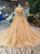 Champagne Tulle High Neck Long Sleeve Backless Weding Dress With Beading