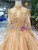 Champagne Tulle High Neck Long Sleeve Backless Weding Dress With Beading