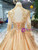 Champagne Tulle High Neck Long Sleeve Backless Weding Dress With Beading