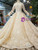 Chamapgne Ball Gown Tulle Lace High Neck Long Sleeve Wedding Dress