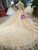 Champagne Ball Gown Lace High Neck Backless Cap Sleeve Wedding Dress With Beading