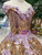 Purple Ball Gown Sequins Appliques Gold Sequins Appliques Off The Shoulder Wedding Dress