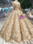 Gold Ball Gown Sequins Bateau Long Sleeve Appliques Wedding Dress