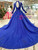 Royal Blue Tulle High Neck Long Sleeve Backless Wedding Dress With Beading