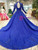 Royal Blue Tulle High Neck Long Sleeve Backless Wedding Dress With Beading