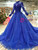 Royal Blue Tulle High Neck Long Sleeve Backless Wedding Dress With Beading