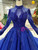 Royal Blue Tulle High Neck Long Sleeve Backless Wedding Dress With Beading