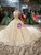 Champagne Ball Gown Tulle Lace Cap Sleeve Appliques Wedding Dress With Beading