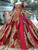 Red And Gold Sequins Square Neck Short Sleeve Backless Wedding Dress