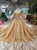 Champagne Gold Tulle Sequins Bateau Long Sleeve Crystal Wedding Dress With Train