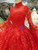 Red Ball Gown Lace Long Sleeve High Neck Wedding Dress With Long Train