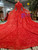 Red Ball Gown Lace Long Sleeve High Neck Wedding Dress With Long Train