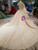 Champagne Ball Gown Tulle Lace Appliques High Neck Cap Sleeve Backless Wedding Dress